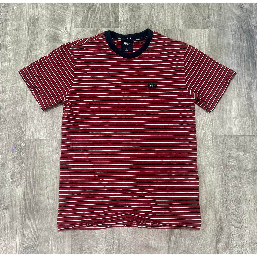 HUF Worldwide Red Striped T-Shirt Mens‎ Small S Black White Embroidered Logo